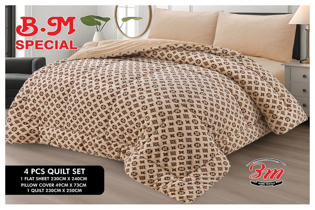 4-piece quilt set with patterned design on a bed, featuring B.M Special branding.