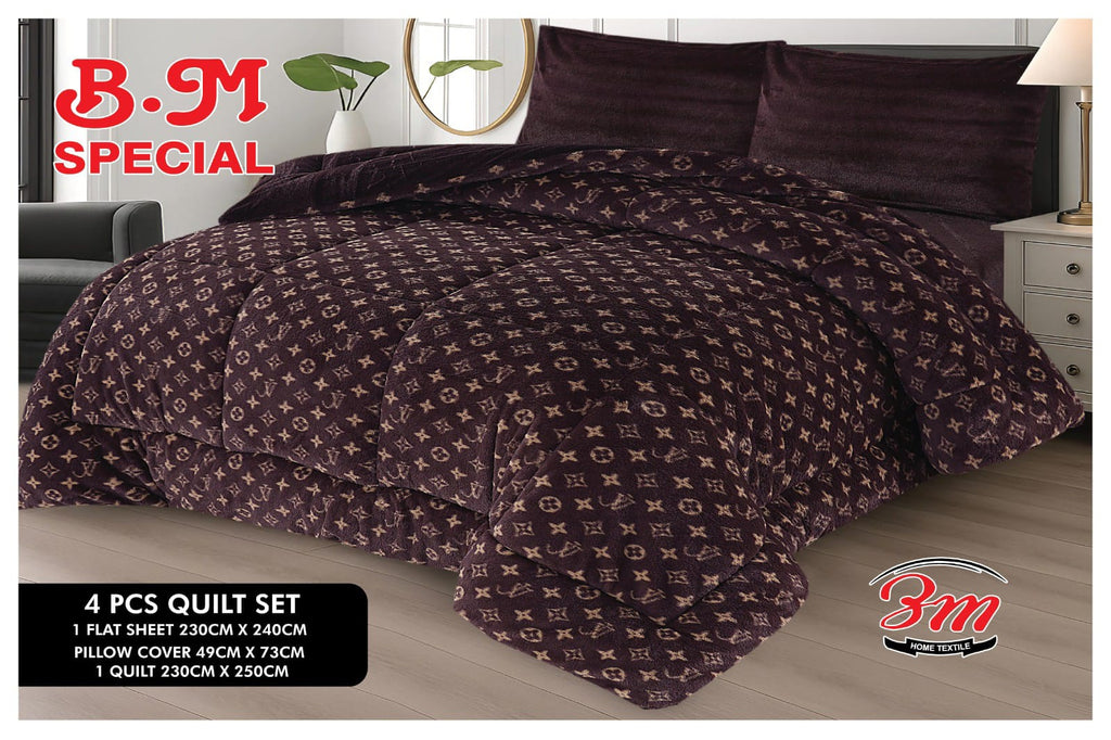 4-piece quilt set with patterned design on a bed, featuring B.M Special branding.