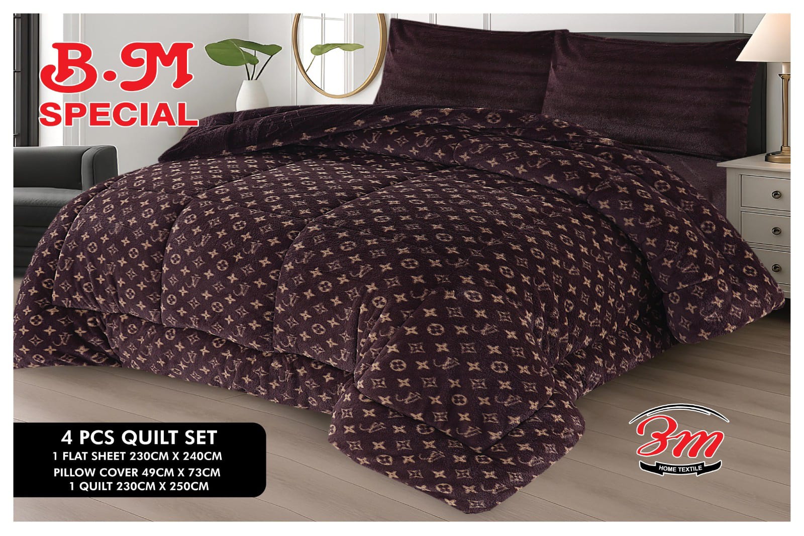 4-piece quilt set with patterned design on a bed, featuring B.M Special branding.
