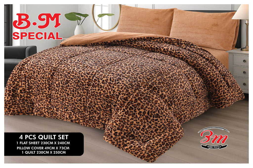 Leopard print quilt set on a bed with 'B.M Special' branding.