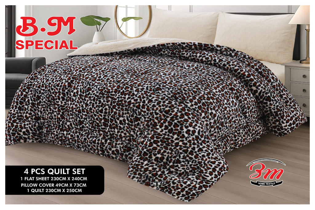 Leopard print quilt set on a bed with 'B.M Special' branding.