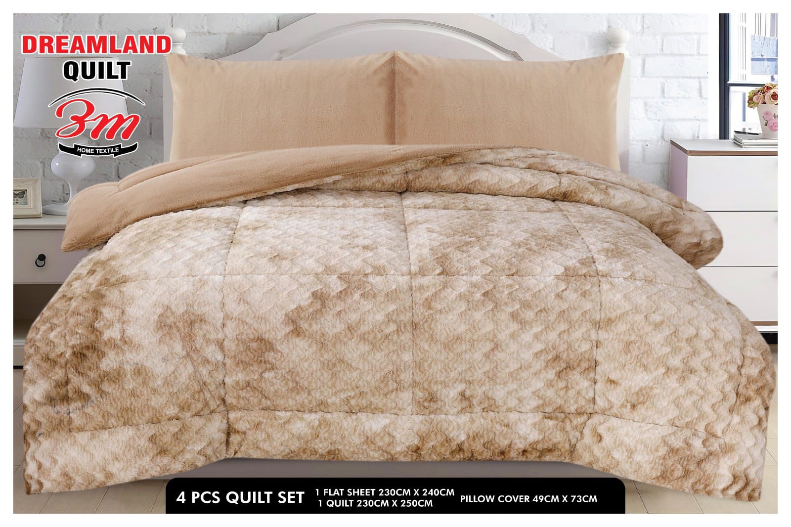 Beige quilt set with pillow and flat sheet on a bed, featuring Dreamland Quilt branding.