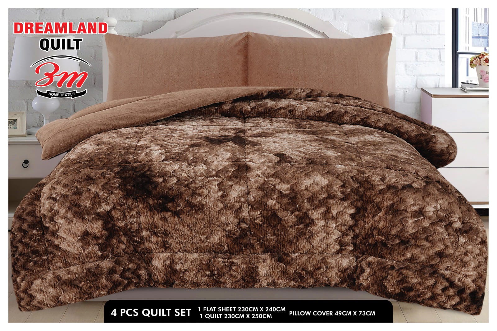 Brown quilt set with pillow cover on a bed, featuring Dreamland Quilt branding.