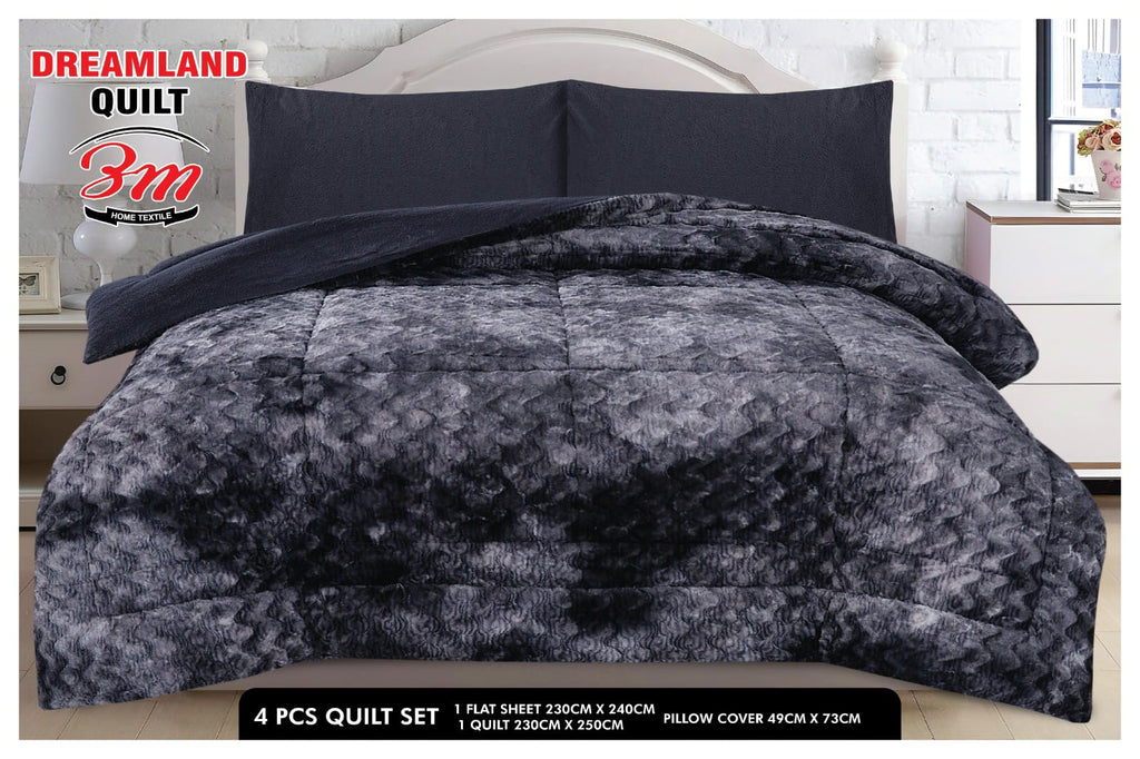 Gray quilt set with pillow cover on a bed in a bedroom setting, featuring Dreamland Quilt branding.